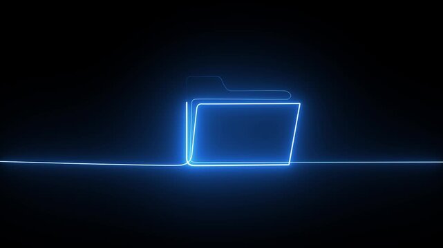Glowing blue folder icon made with a single continuous light line on a dark background