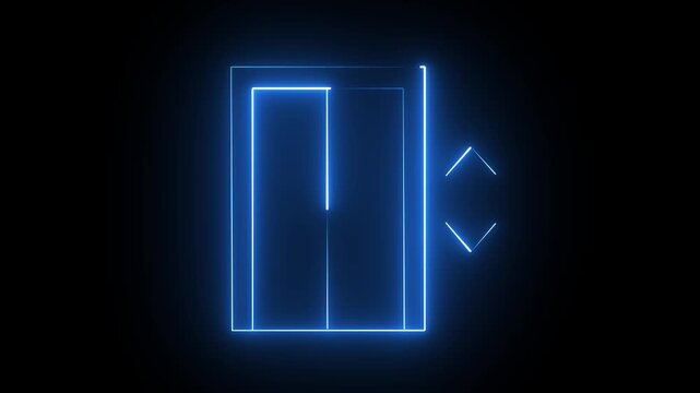 Glowing blue neon elevator icon with up and down arrows on a dark background