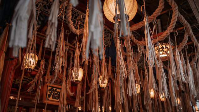 神社の注連縄と紙垂が並ぶ祭礼装飾の背景