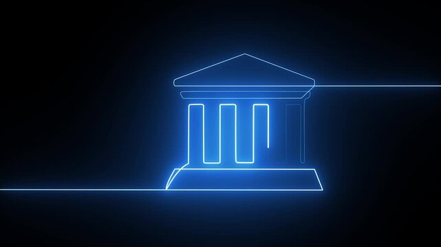 Neon blue glowing bank building icon drawn with a single continuous line on black background