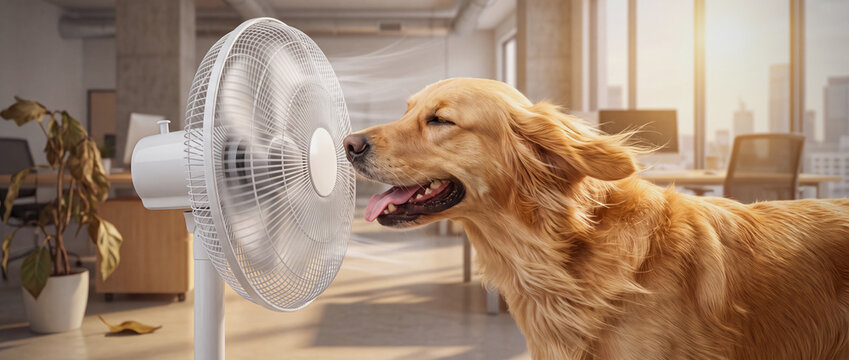 Summer heat wave. Amusing golden retriever dog enjoys cool air blowing from fan in hot office space