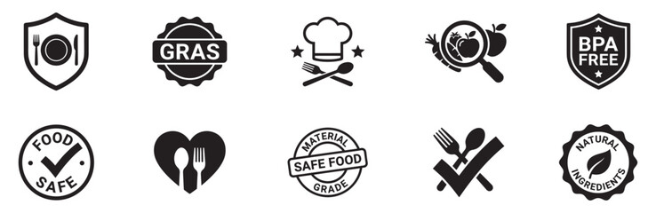 Food safety and natural quality badges and labels. Safe grade, GRAS, BPA free and organic ingredient symbols. Vector illustration. © Roberto_Caravelli