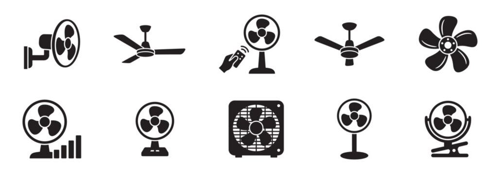 Fan and air conditioner icon set. Ceiling fan, table cooler, wall mount blower and blade propeller symbols. Vector illustration.