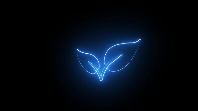 Glowing blue neon leaf icon representing nature and ecology on a dark background