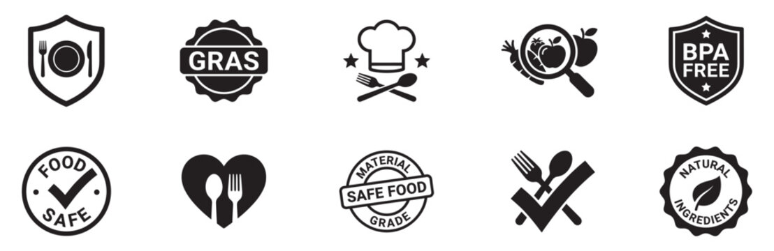 Food safety and natural quality badges and labels. Safe grade, GRAS, BPA free and organic ingredient symbols. Vector illustration.
