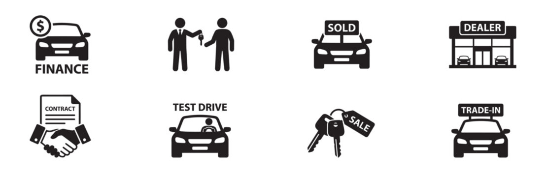 Car dealership and sales icons. Vehicle finance, test drive, dealer contract and trade-in symbols. Vector illustration.