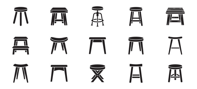 Variety of bar and kitchen stool icon set. Modern, wooden, metal, round and square seat symbols. Vector illustration.
