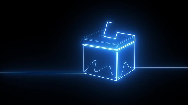 Glowing blue neon line drawing of a ballot box with a paper vote inside on a dark background
