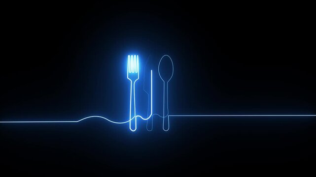 Glowing blue neon outline of fork knife and spoon cutlery icons on a dark black background