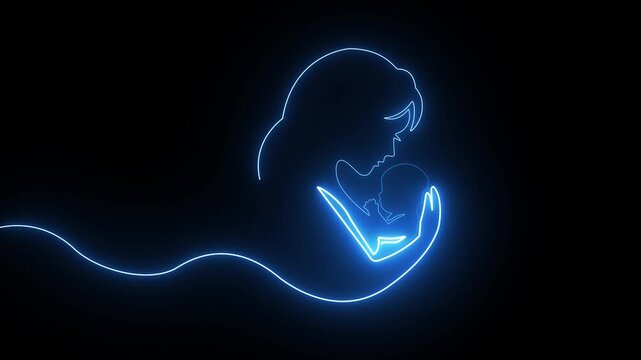 Neon glowing line art of a mother holding her baby in a loving embrace on a black background