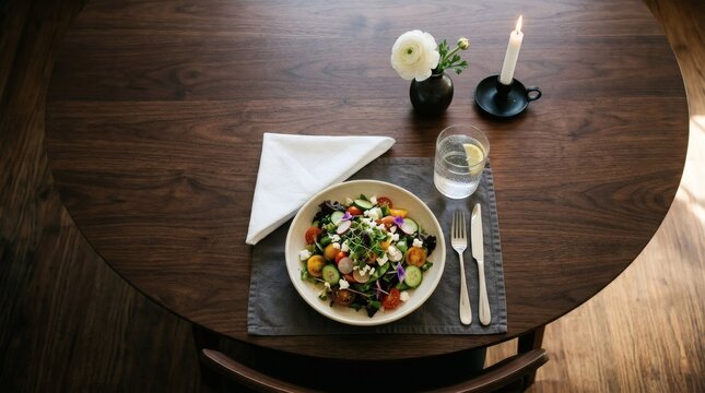 Overhead view of a vibrant salad on a wooden table with elegant table setting and candlelight ambiance
