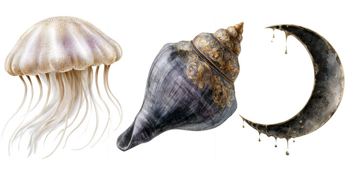 Art of jellyfish, shell, and crescent moon in simple design on a clean background