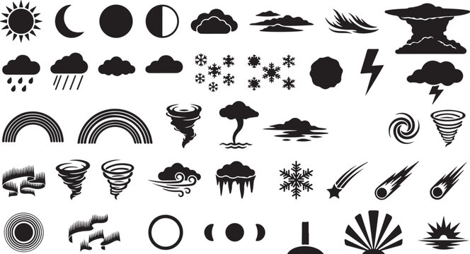 Black weather and astronomy icon set in flat design