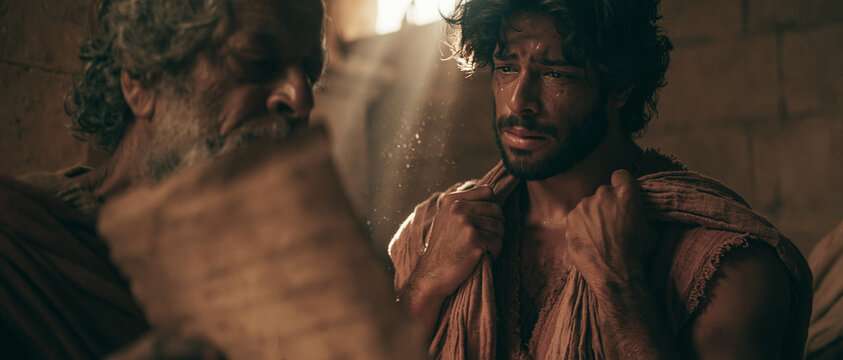 Biblical scene of young King Josiah tearing his clothes in grief and repentance as the priest reads the ancient scroll of the Law in the Temple, dramatic lighting