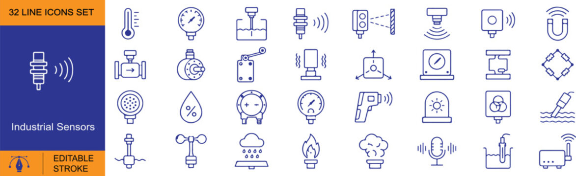 Industrial Sensors Vector Outline Icons Set &ndash; Smart Factory, Industrial Automation, Sensor Technology and Measurement Line Symbols Collection