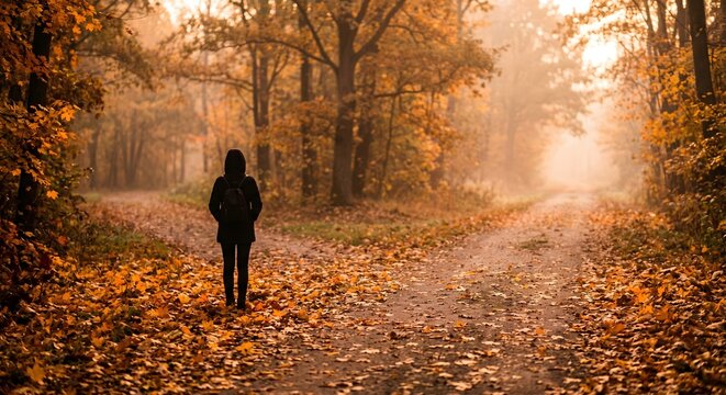 Person standing at a fork in an autumn forest path