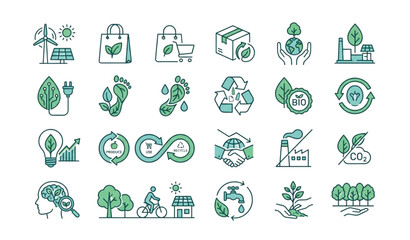 Fototapeta premium Eco Sustainability Duotone Outline Icon Set for Green Lifestyle and Renewable Energy