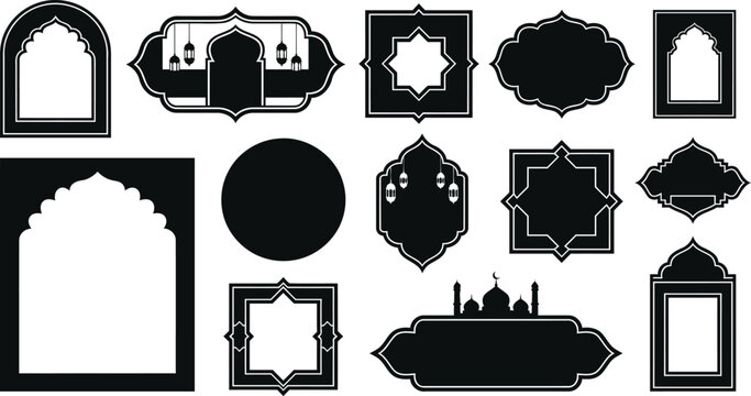 Collection of islamic archway and frame silhouettes on a white background silhouette