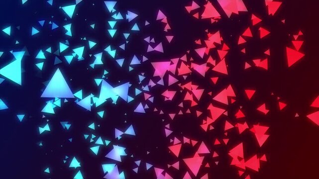 Glowing blue and red triangle particles flying. Abstract dynamic seamless animation for modern technology, gaming, and creative presentation design.
