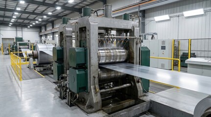 Fototapeta premium Medium shot capturing wide metal coils progressing steadily through the cold rolling mill line as the machinery reduces thickness in a welllit immaculate processing environment.