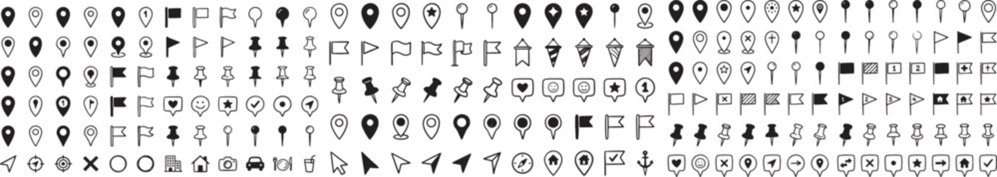 Map Pin Icons Mega Set Vector Location Pointers Flags Pushpins Navigation Markers Flat Line Art