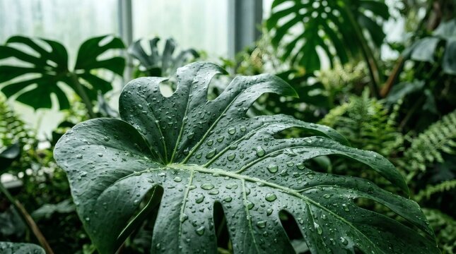 A large, lush Monstera leaf with water droplets in a tropical greenhouse setting with ferns.