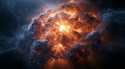 Fototapeta premium Dramatic cosmic explosion surrounded by glowing gas clouds and stardust, illustrating powerful energy release in deep space