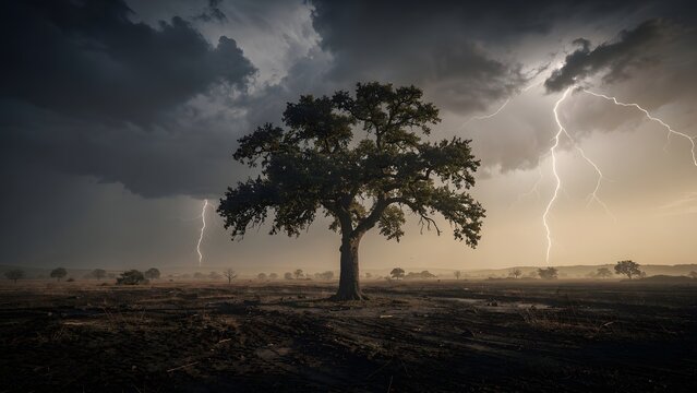Dramatic Lightning Storm Striking the Horizon Beside a Lone Tree in a Vast Dark Landscape