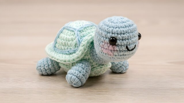 Handmade Pastel Blue and Mint Green Amigurumi Crochet Turtle Toy Sitting on a Light Wooden Surface