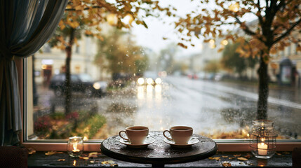 Obraz premium Two Mugs of Coffee on a Table with a City View