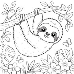 Obraz premium Cute Baby Sloth Hanging on Tree Branch Coloring Page for Kids