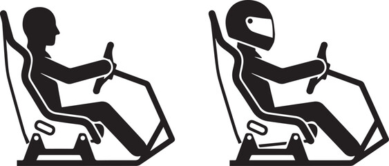 Obraz premium Two black silhouettes of racing drivers in seats with steering wheels and safety harnesses on a white background
