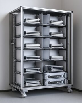 IT Storage Shelf with Loaner Laptops in Privacy Sleeves for Cybersecurity