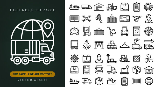 Unique Logistics and Global Shipping line icons pack, black and white cargo delivery truck warehouse storage supply chain courier service and barcode scan vector assets