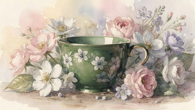 Elegant Vintage Green Teacup Surrounded by Soft Pastel Watercolor Flowers and Blossoms
