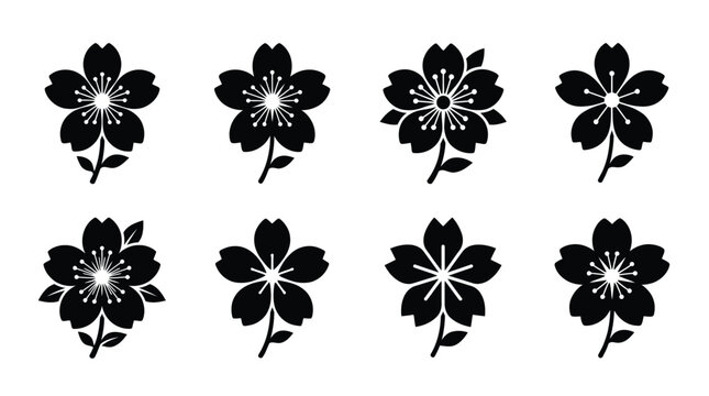 Set of black cherry blossom flower icons in various designs for spring season graphics