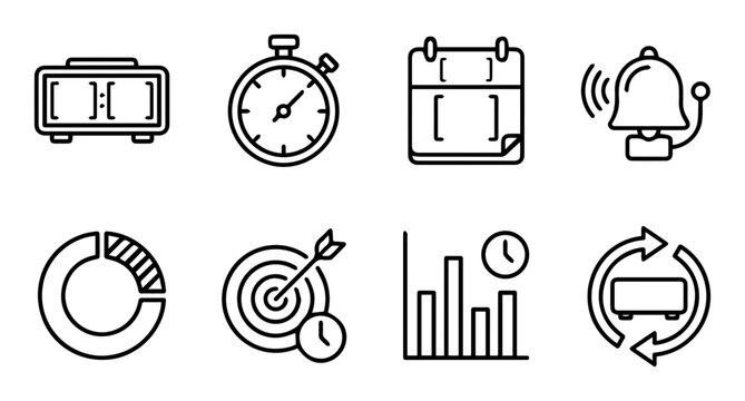 Time management silhouette icons calendar stopwatch clock charts target, business planning
