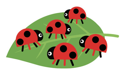 Naklejka premium Stylized ladybugs crawling on a smooth green leaf in a minimalist flat design with bold colors isolated on a white background nature and spring concept
