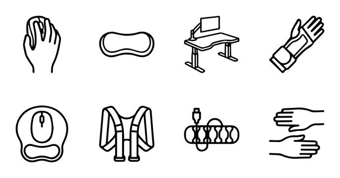 Gaming setup silhouette icons, computer peripherals, gaming gear, technology