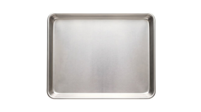 Metallic baking sheet isolated on white background, professional stainless steel oven tray, empty aluminum cookie sheet for culinary food photography