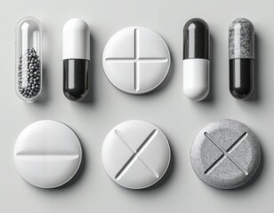 Obraz premium Assortment of pills and capsules. Various forms, colors, and textures displayed on a plain background. Medicine, health, and pharmacy objects shown from above.