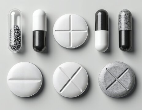 Assortment of pills and capsules. Various forms, colors, and textures displayed on a plain background. Medicine, health, and pharmacy objects shown from above.