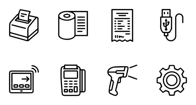 8 business transaction silhouette icons receipt printer POS machine USB cable, commerce set