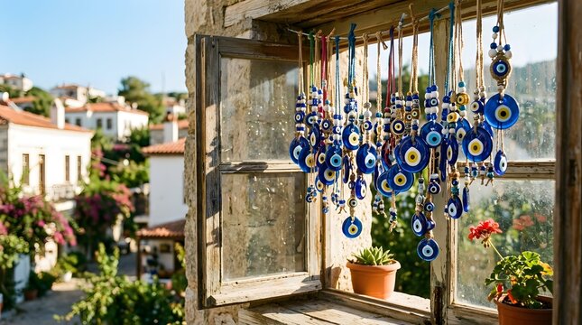 Decorative blue glass nazar evil eye amulets hang beautifully on a rustic wooden window frame in bright sunny daylight conditions
