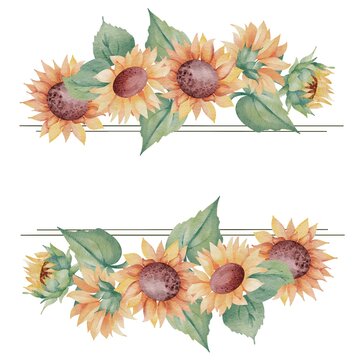 Watercolor sunflower floral frame arrangement with green leaves and thin decorative lines