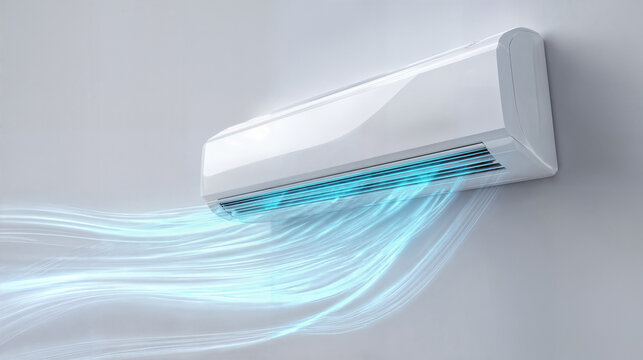 An air conditioner with cold air flows and efficient climate control on a white