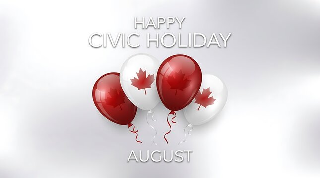 Festive happy civic holiday design with red and white balloons and ribbons on a soft background