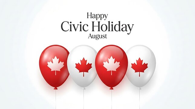 Happy civic holiday in August with red and white balloons featuring Canadian maple leaf symbols