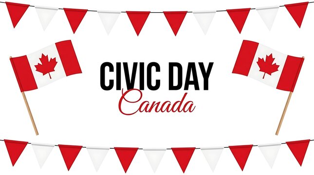 Civic day Canada banner with bunting flags and miniature Canadian flags on a white background
