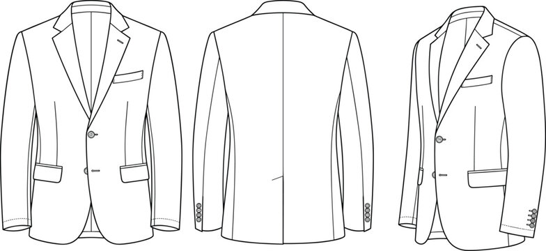 Men Suit Jacket Blazer Fashion Technical Sketch Vector Template Showing Front Back Side View